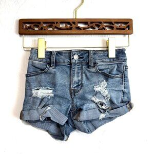 PacSun Super Stretch Shortie Blue Jean Shorts Distressed Light Wash Cuffed Denim